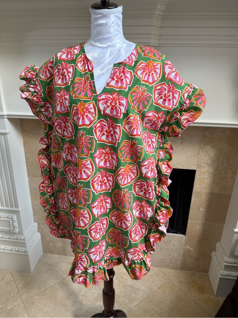 Women’s Floral Ruffle Dress in Green and Pink